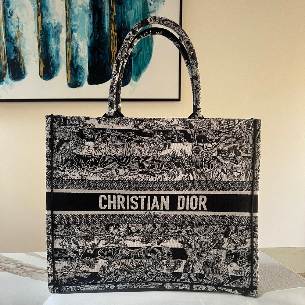 LARGE DIOR BOOK TOTE - Blue Toile de Jouy Embroidery